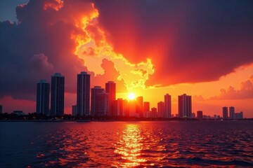 Obraz premium Dramatic Miami sunset, skyscrapers silhouetted against fiery sky, rays, sunset, clouds