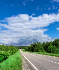 Fototapeta premium Road with a few trees in the background and a clear blue sky