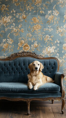 Adorable cute dog sits over a dark blue sofa with French style wallpaper background, professional photography, poster 