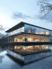 Obraz premium Modern Glass Facade: An expansive architectural marvel of clean lines, transparency, and minimalist design, reflecting beautifully on the tranquil water, offering a serene and sophisticated ambiance.
