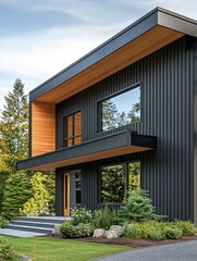 Fototapeta premium Modern Architectural Marvel: A captivating modern house, showcasing sleek lines, expansive windows, and a seamless blend of natural elements against the backdrop of lush greenery.