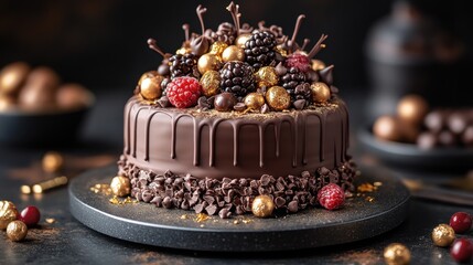 Gourmet chocolate cake, berries, gold, dark background, dessert