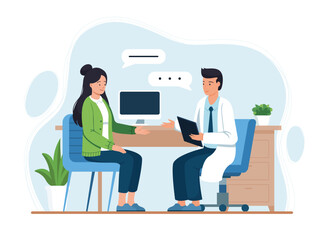 Patient Consulate with Doctor in Hospital Office.