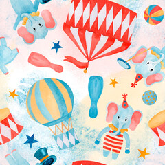 Seamless pattern watercolor hand drawn cartoon elephants, tent, stars, balloon, kettlebell, circus podium on multicolor background. For childish fabric, wallpaper nursery, birthday cards, invitations © Tatiana