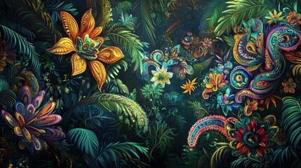 Vibrant Jungle Paradise with Colorful Flowers and Intricate Patterns for Fantasy Art and Nature Enthusiasts