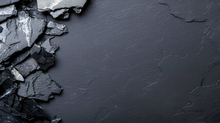 Dark slate pieces on black background; food, drink, or design texture