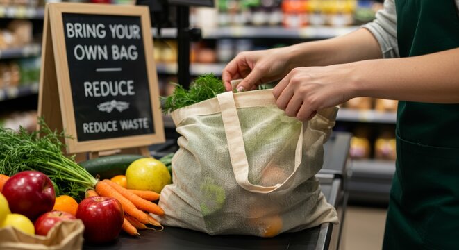 Conscious Shopping: Filling reusable bag with fresh produce for a sustainable lifestyle