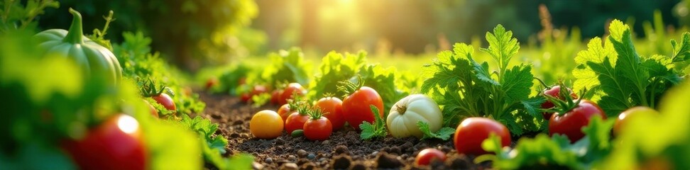 Vibrant organic veggie patch basking in sunlight, landscape, parsley, summer