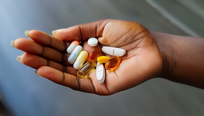 A close-up shot captures the delicate yet firm grip of a woman's hand holding a variety of pills, symbolizing medication, health, and wellness. 