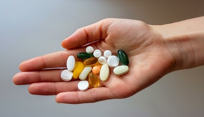 A close-up shot captures the delicate yet firm grip of a woman's hand holding a variety of pills, symbolizing medication, health, and wellness. 