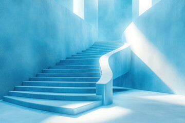 Fototapeta premium Blue staircase reaching towards a bright light, minimalistic and stark contrast, symbolizing ascent or enlightenment.