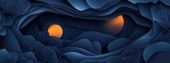 Abstract night landscape, paper cut design, orange suns