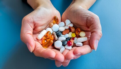 A close-up shot captures the delicate yet firm grip of a woman's hand holding a variety of pills, symbolizing medication, health, and wellness. 