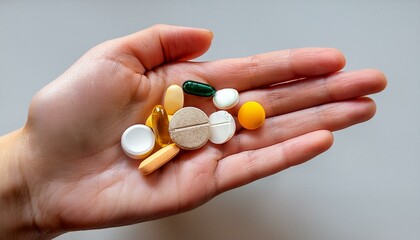 A close-up shot captures the delicate yet firm grip of a woman's hand holding a variety of pills, symbolizing medication, health, and wellness. 