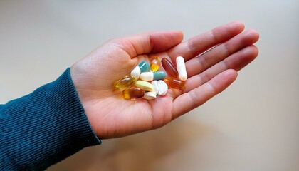 A close-up shot captures the delicate yet firm grip of a woman's hand holding a variety of pills, symbolizing medication, health, and wellness. 
