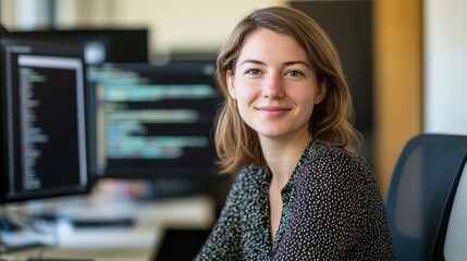 A young European female software developer smiles at her workstation, embodying professionalism and creativity in a modern tech environment.