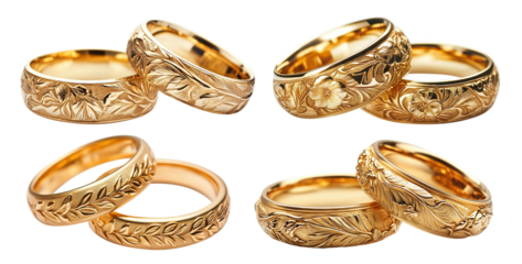 Set of engraved gold wedding rings, isolated on transparent cutout background