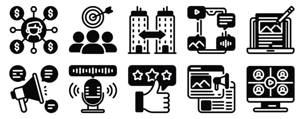 Digital Marketing Icon Set Strategic Solid Style Collection for Online Promotion.