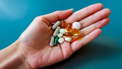 A close-up shot captures the delicate yet firm grip of a woman's hand holding a variety of pills, symbolizing medication, health, and wellness. 