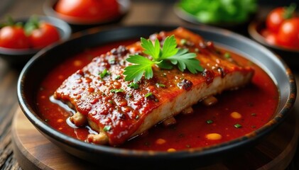 Fiery pork ribs simmering in a rich and savory broth, meaty, fiery