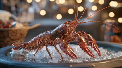 Fresh lobster displayed on ice in a rustic setting with warm bokeh lights in the background