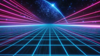 Futuristic neon grid landscape with glowing laser lines and digital horizon