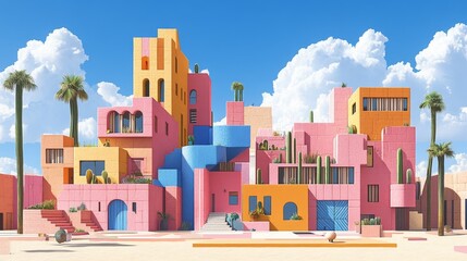 Obraz premium Vibrant architectural marvel with colourful buildings beneath a serene sky perfect for travel and tourism campaigns