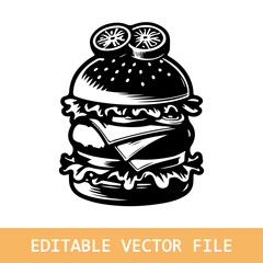Minimalist Burger Icon in Black and White, Simple black-and-white silhouette of a classic burger with sesame seed bun, perfect for logos, illustrations, or graphic design