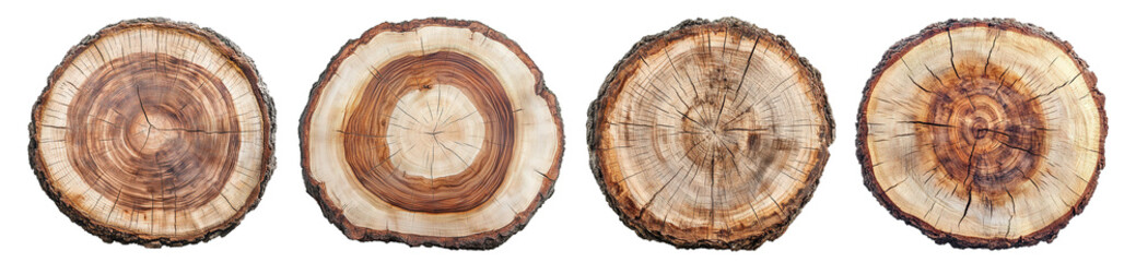 Fototapeta premium Set of cross sections of old tree stumps, isolated on transparent cutout background
