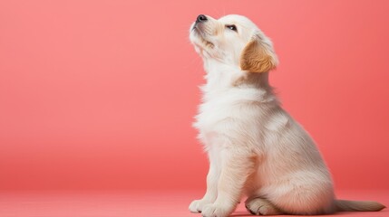 Obraz premium A cute golden retriever puppy sitting gracefully against a coral background, radiating innocence and charm.