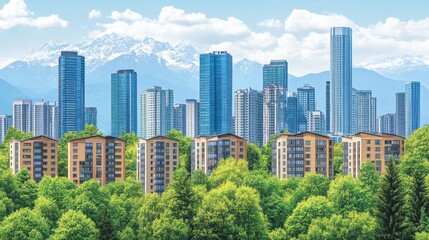 Obraz premium Modern cityscape skyline view with mountains background showcasing sustainable urban development and harmonious nature integration