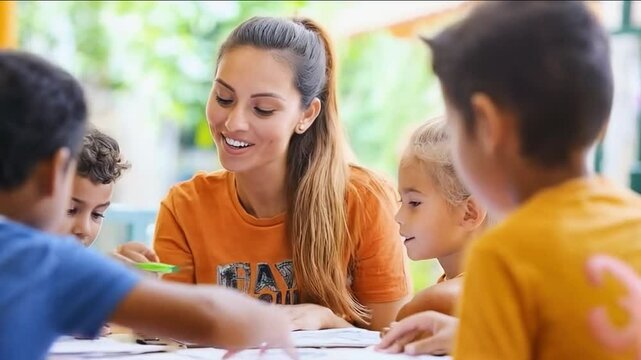 Teacher helping diverse group of children with their schoolwork