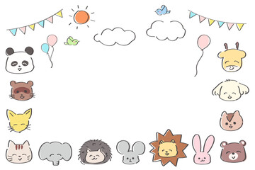 ゆるかわいい手書きの動物のフレーム　キッズ　幼稚園　保育園