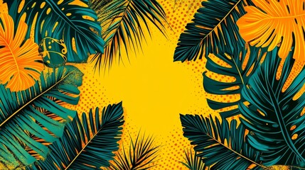 Tropical jungle leaves background with vibrant yellow burst effect perfect for summer themed designs and exotic print invitations