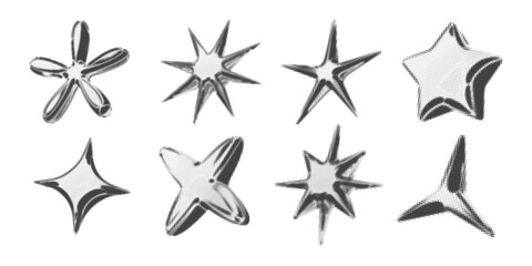 Y2k 3d chrome halftone stars shape retro abstract elements vector illustration set. Chrome silver 3d metallic halftone semitone retro effect collection. Y2k space various star retro futuristic shapes.