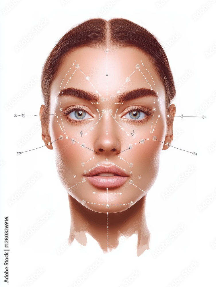 Poster female face medical illustration showing precise botox injection points and detailed anatomical feat