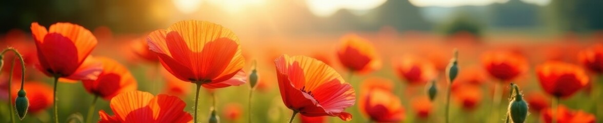 Vibrant red poppies bathed in sunlight, gentle breeze , poppy field, heat, pattern