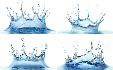 Set of blue water splashes with droplets in motion, isolated on transparent cutout background