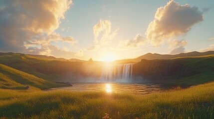 Obraz premium Sunset Waterfall Landscape, Golden Hour, Iceland, Travel Poster
