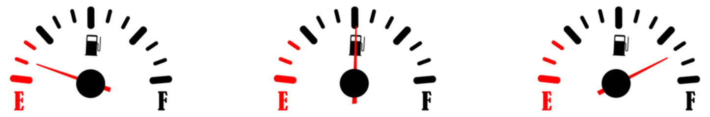 Fuel gauge meter icon isolated set on white background. Empty fuel meter needle illustration. Gas level indicator for car display. Automotive dashboard fuel meter icons. Vector illustration