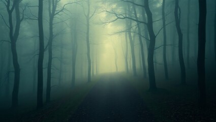 Fototapeta premium Cinematic Foggy Forest Path with Enchanted Atmosphere