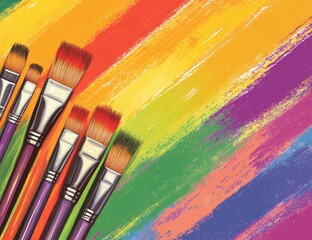 Obraz premium Colorful paint brushes on vibrant rainbow art background