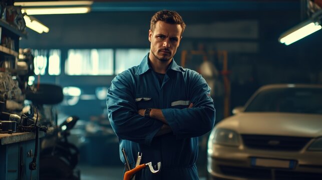A portrait of a serious European male mechanic standing confidently in a workshop, surrounded by tools and vehicles, showcasing his professional expertise.