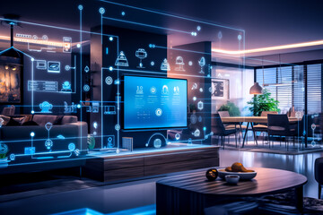 Modern smart living room showcasing advanced technology and digital interfaces.