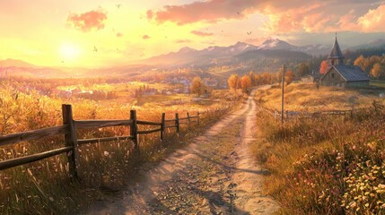 Obraz premium Serene Pathway Through Golden Fields at Sunset with Charming Church and Majestic Mountains in Background