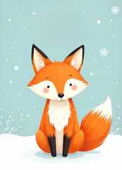 Obraz premium Cute fox sits on a snowy landscape