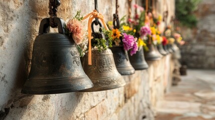 Obraz premium Panoramic view of vintage church bells decorated with flowers in a historical setting