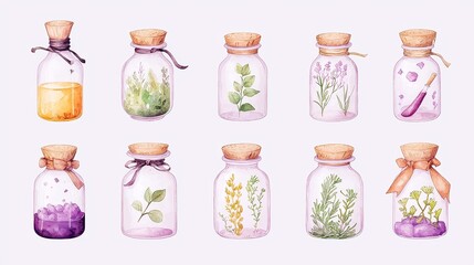 Herbal Witchcraft Illustrations, vibrant depictions of magical potions, dried herbs, spell jars, enchanting healing rituals, ideal for creative projects and enchanting designs
