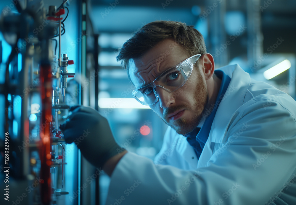 Poster male engineer in factory is focused and adjusting machinery with precision