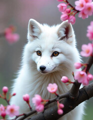 Obraz premium White arctic fox with pink cherry blossom flowers